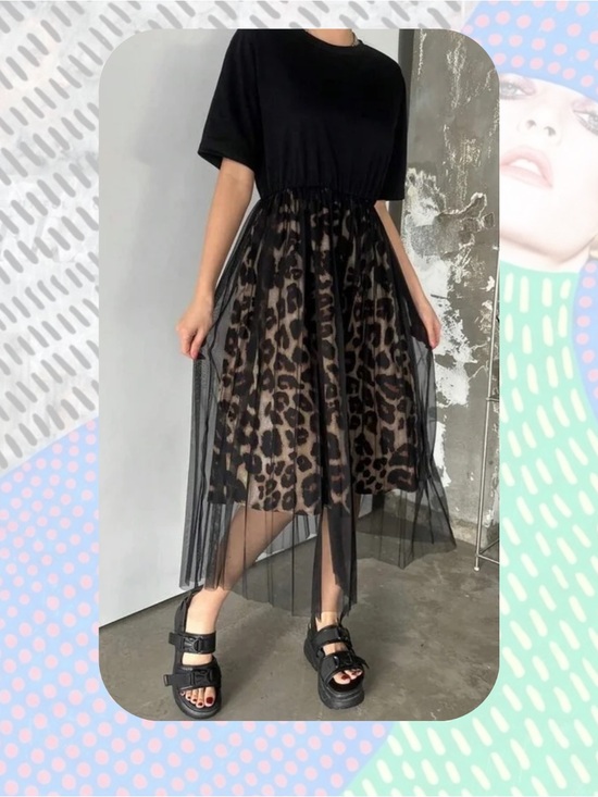 Dazy Dresses & Skirts - 🎉DAZY Black Tulle Overlay Short Sleeve Leopard Print Midi Dress